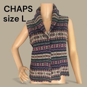 Chaps Denim Fair Isle Sweater Vest Womens L Shawl Collar Button Up Winter Knit